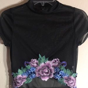 Black Mesh Floral Crop Top
